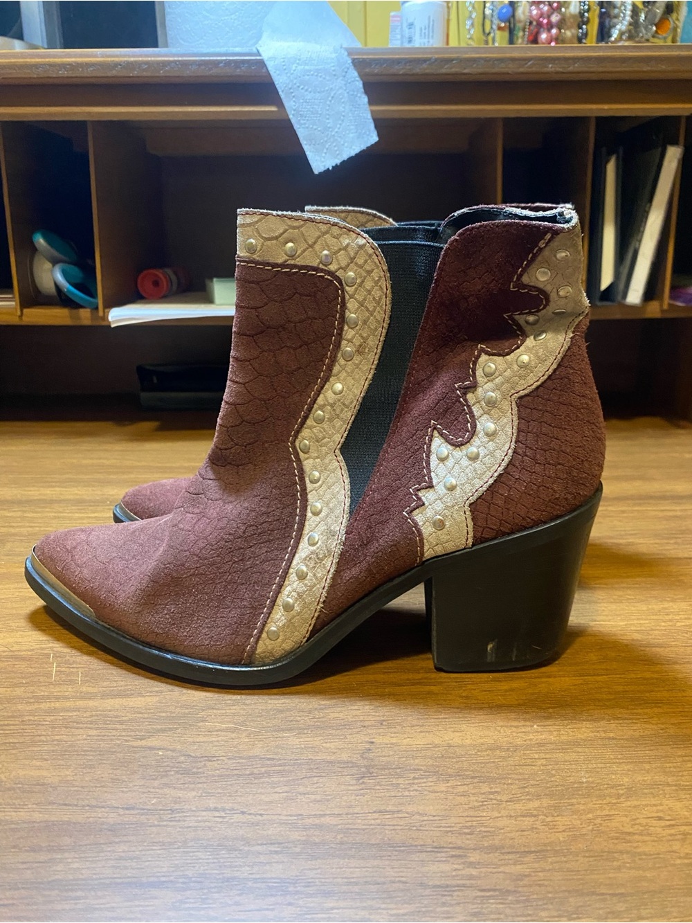 Nasty Gal Burgundy Ankle Boots with Beige Western Trim